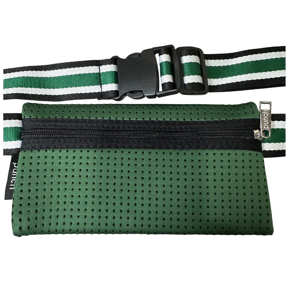 Punch Neoprene Perforated Belt Bag Green Black White Striped Strap Fanny Pack